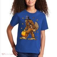 Bigfoot Pilgrim Turkey Pumpkin Thanksgiving Day Kids T-Shirt thumb 2