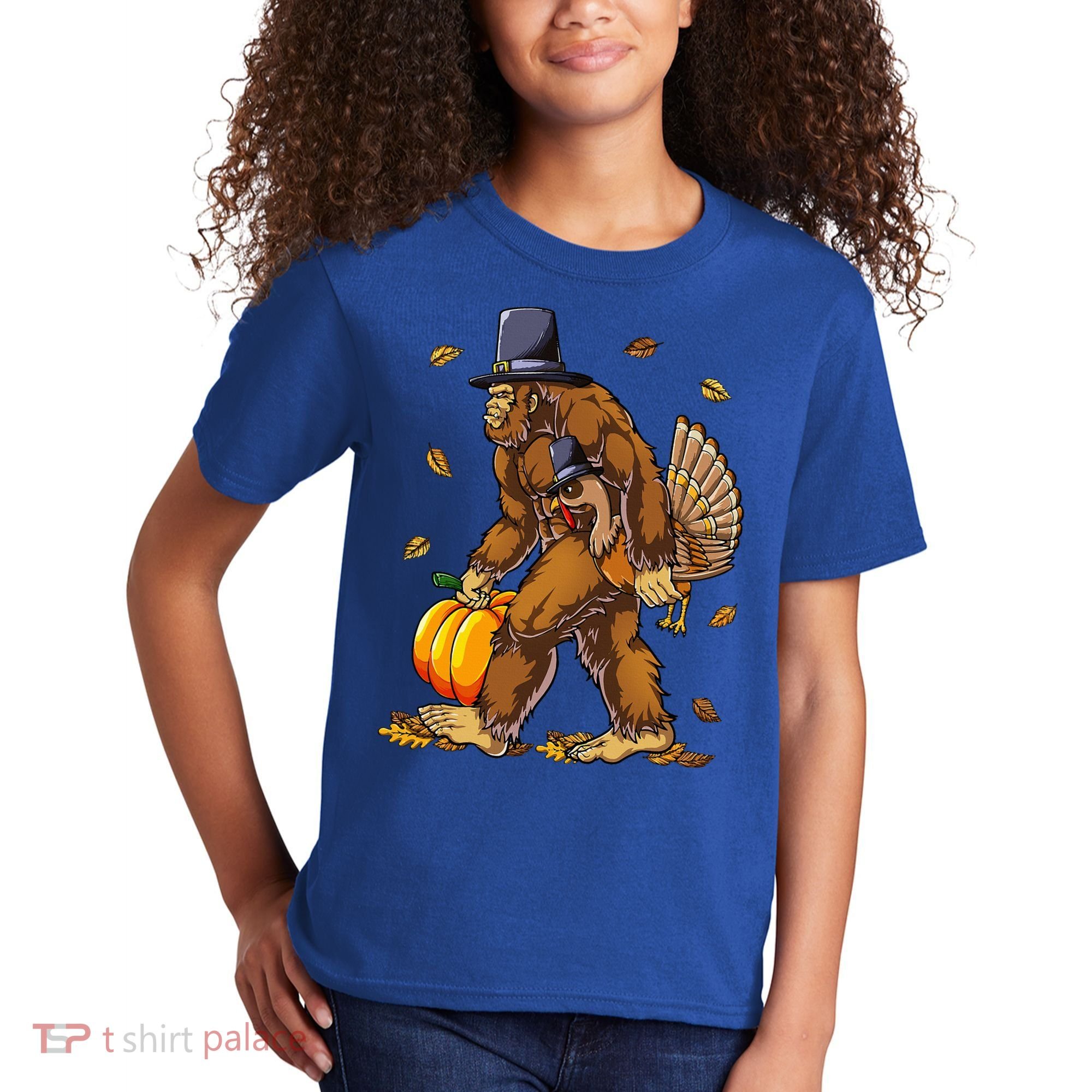 Bigfoot Pilgrim Turkey Pumpkin Thanksgiving Day Kids T-Shirt