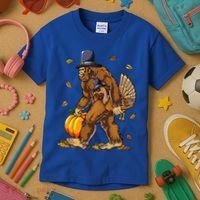 Bigfoot Pilgrim Turkey Pumpkin Thanksgiving Day Kids T-Shirt thumb 3