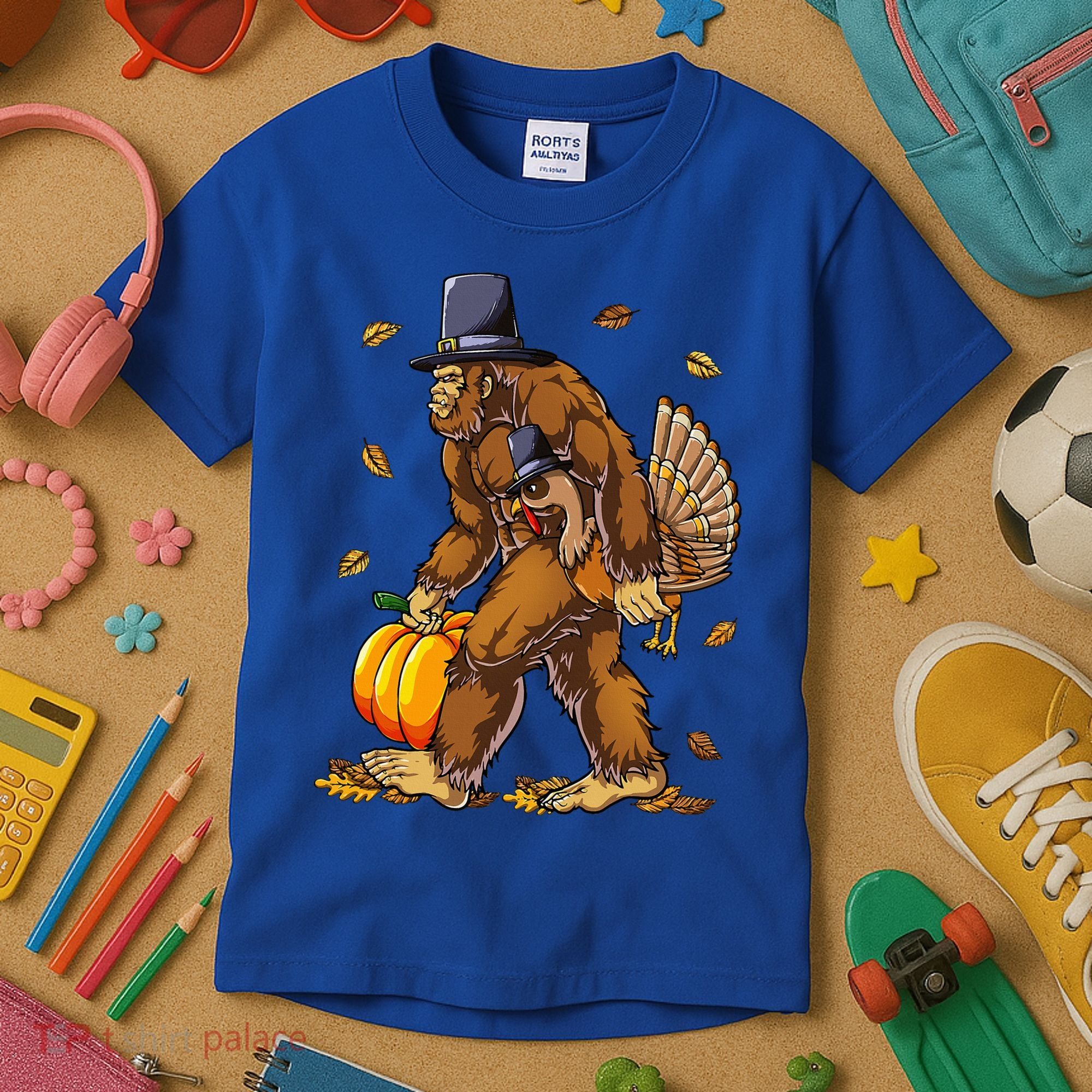 Bigfoot Pilgrim Turkey Pumpkin Thanksgiving Day Kids T-Shirt