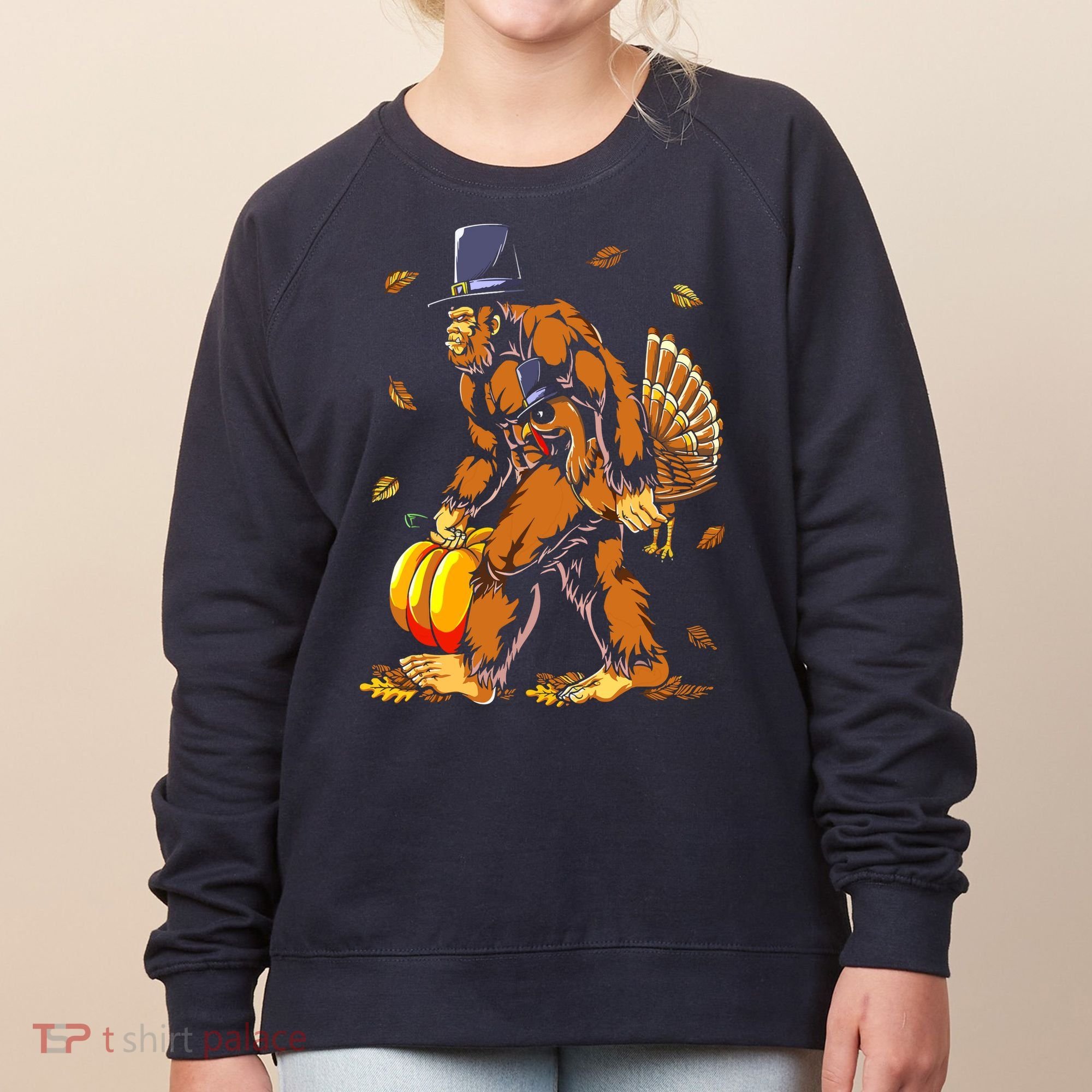 Bigfoot Pilgrim Turkey Pumpkin Thanksgiving Day Boys Women's Sweatshirt