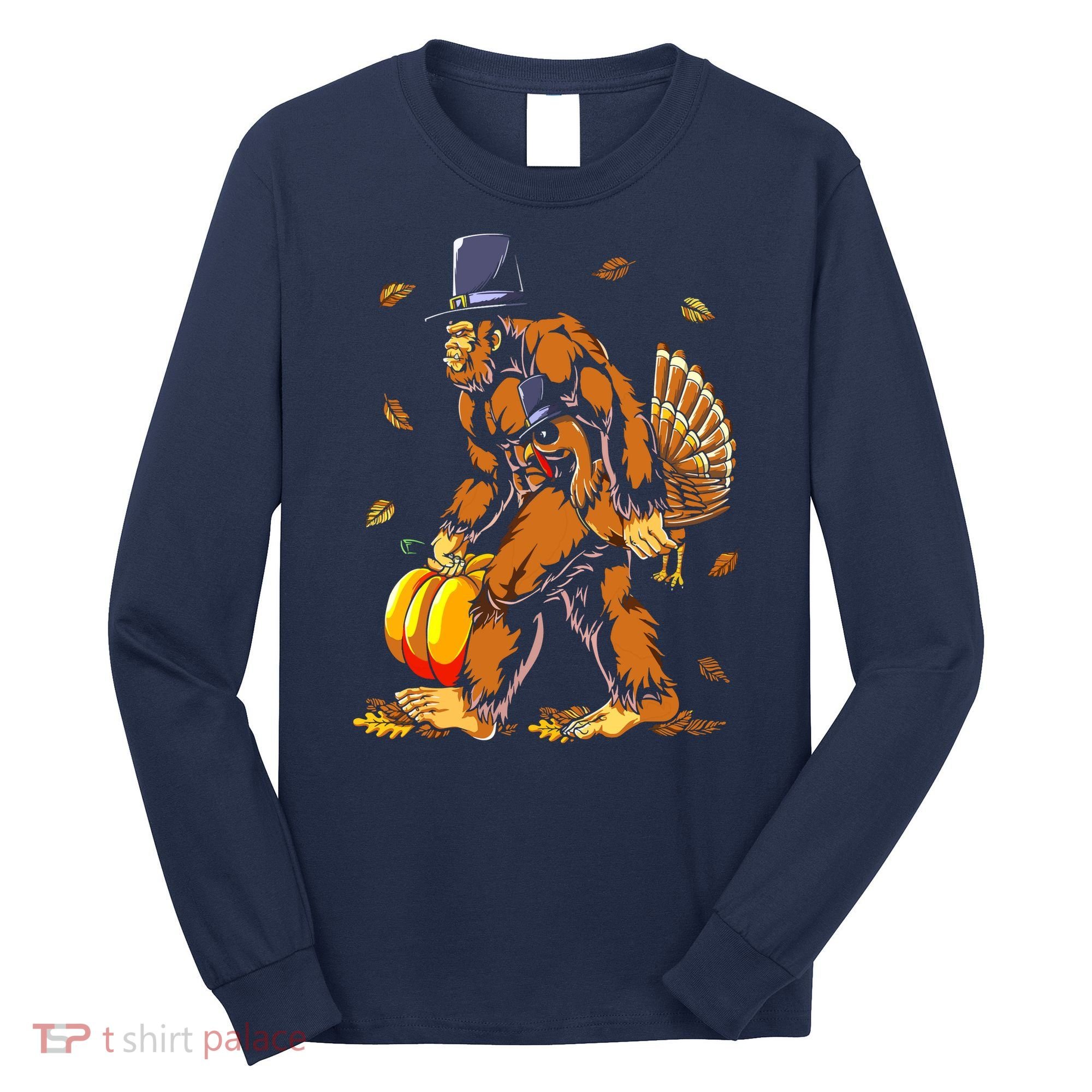 Bigfoot Pilgrim Turkey Pumpkin Thanksgiving Day Boys Long Sleeve Shirt