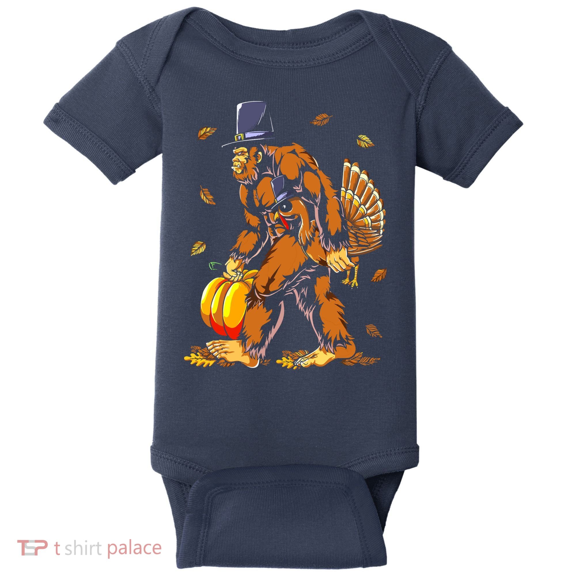Bigfoot Pilgrim Turkey Pumpkin Thanksgiving Day Boys Baby Bodysuit