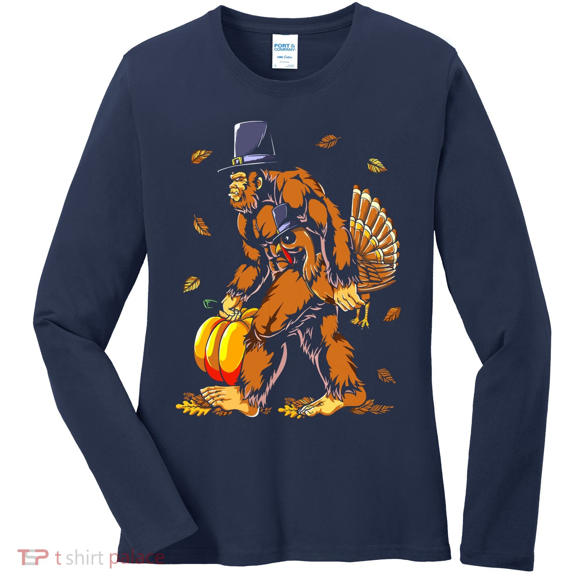 Bigfoot Pilgrim Turkey Pumpkin Thanksgiving Day Boys Women's Long Sleeve Shirt