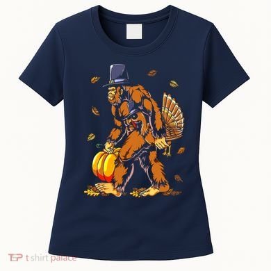 Bigfoot Pilgrim Turkey Pumpkin Thanksgiving Day Boys Women's T-Shirt