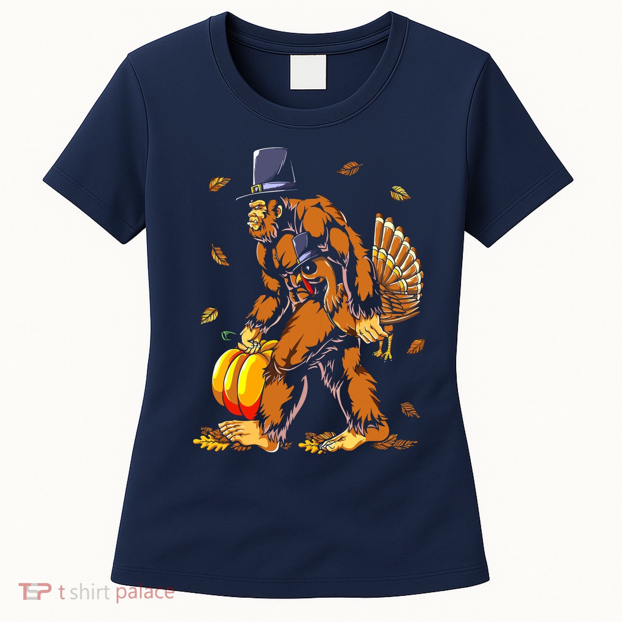 Bigfoot Pilgrim Turkey Pumpkin Thanksgiving Day Boys Women's T-Shirt