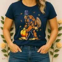 Bigfoot Pilgrim Turkey Pumpkin Thanksgiving Day Boys Women's T-Shirt thumb 2