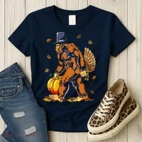 Bigfoot Pilgrim Turkey Pumpkin Thanksgiving Day Boys Women's T-Shirt thumb 3