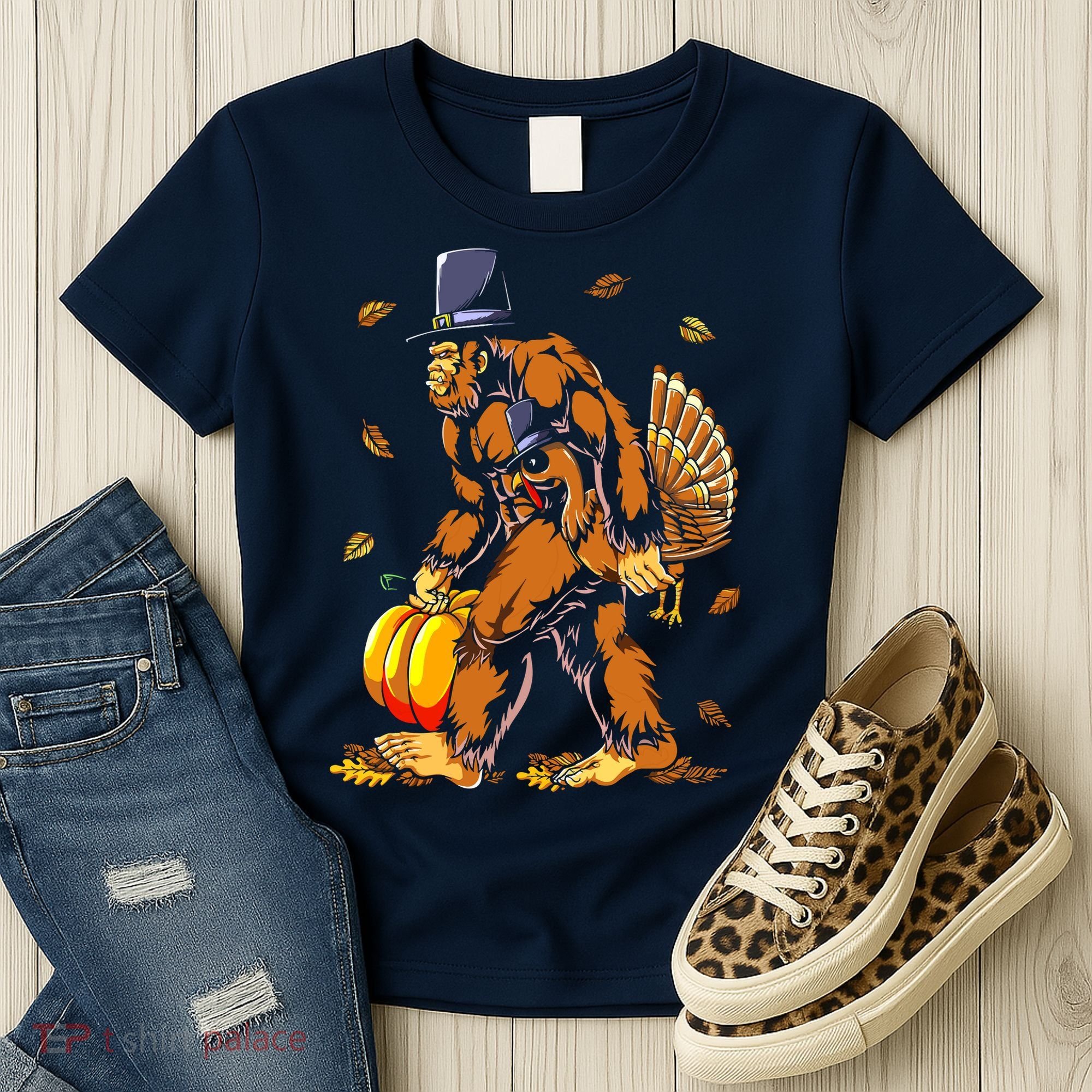 Bigfoot Pilgrim Turkey Pumpkin Thanksgiving Day Boys Women's T-Shirt