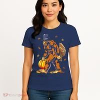 Bigfoot Pilgrim Turkey Pumpkin Thanksgiving Day Boys Women's T-Shirt thumb 4