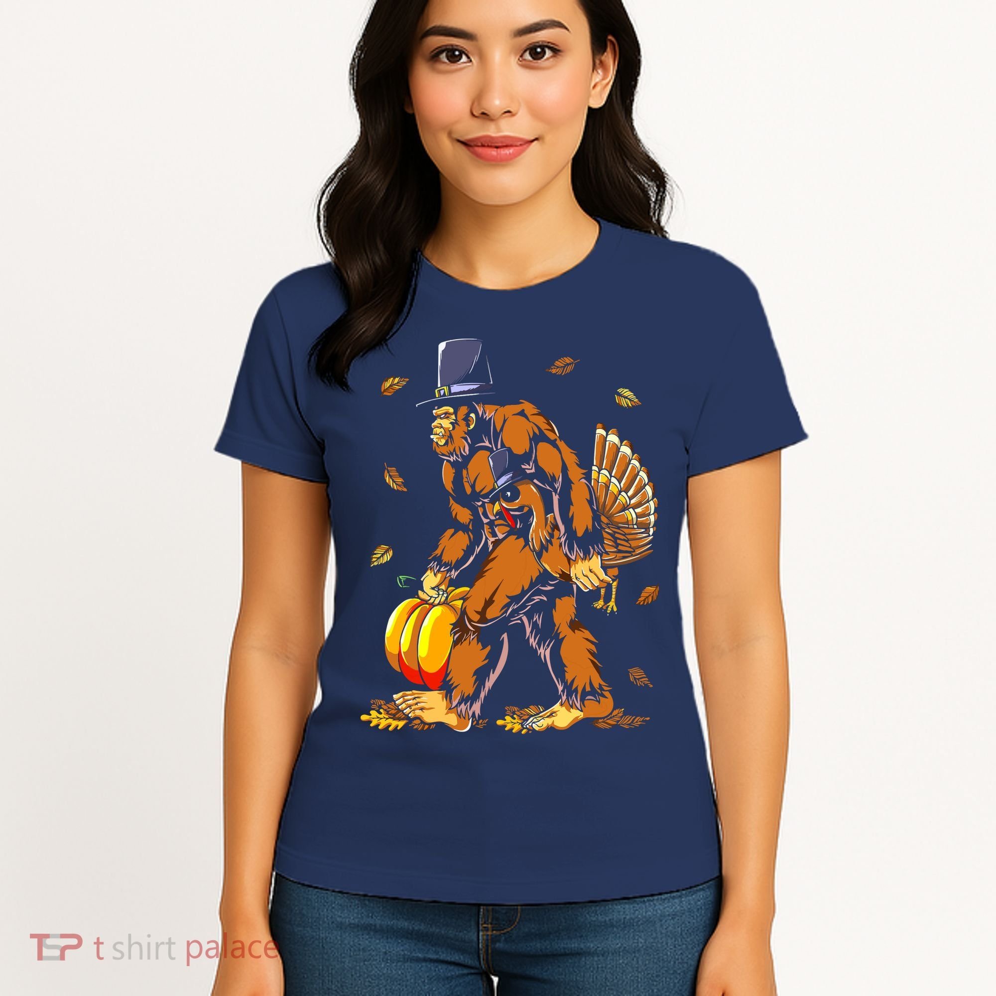 Bigfoot Pilgrim Turkey Pumpkin Thanksgiving Day Boys Women's T-Shirt