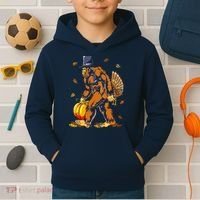 Bigfoot Pilgrim Turkey Pumpkin Thanksgiving Day Boys Kids Hoodie thumb 2