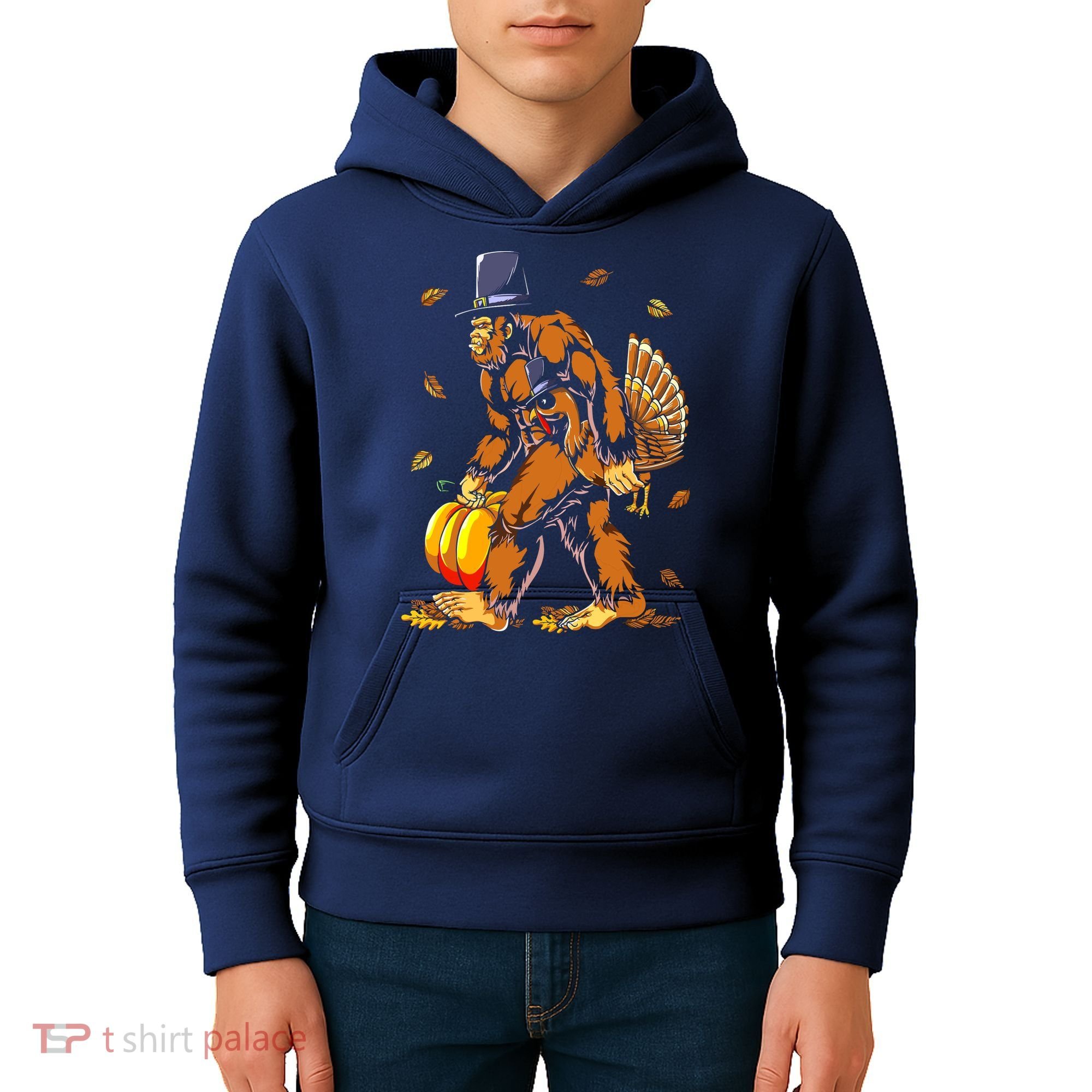 Bigfoot Pilgrim Turkey Pumpkin Thanksgiving Day Boys Kids Hoodie