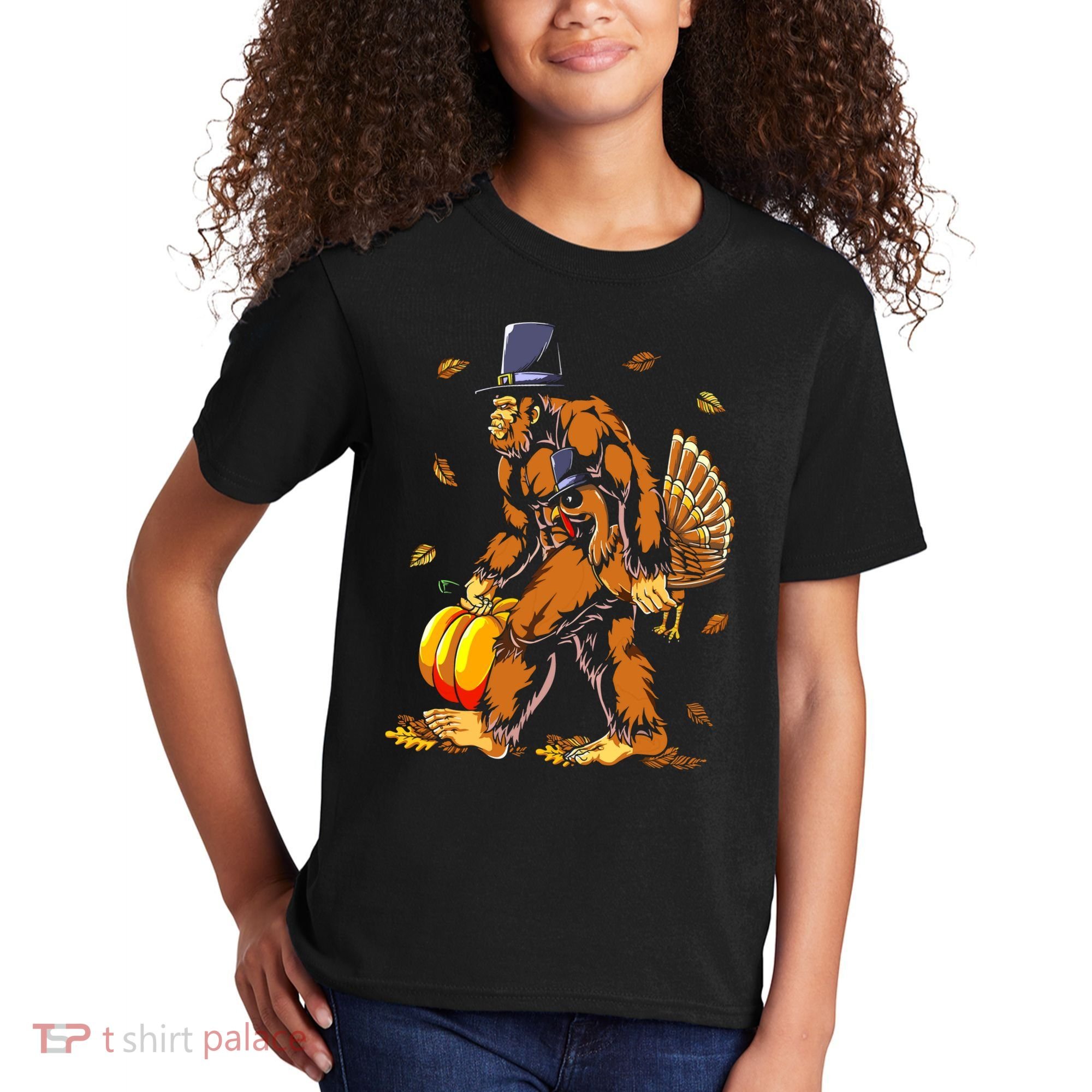 Bigfoot Pilgrim Turkey Pumpkin Thanksgiving Day Boys Kids T-Shirt