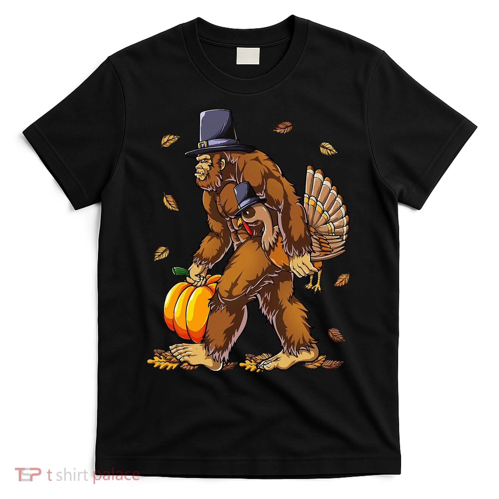 Bigfoot Pilgrim Turkey Pumpkin Thanksgiving Day T-Shirt