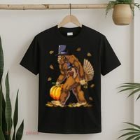Bigfoot Pilgrim Turkey Pumpkin Thanksgiving Day T-Shirt thumb 2