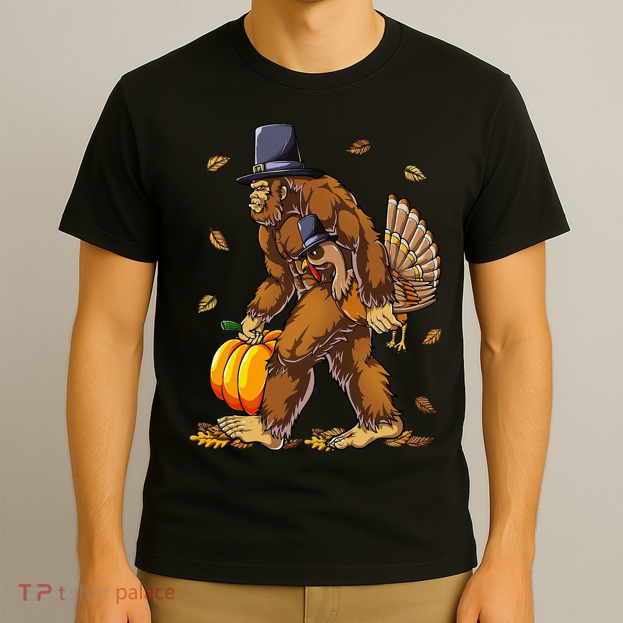 Bigfoot Pilgrim Turkey Pumpkin Thanksgiving Day T-Shirt
