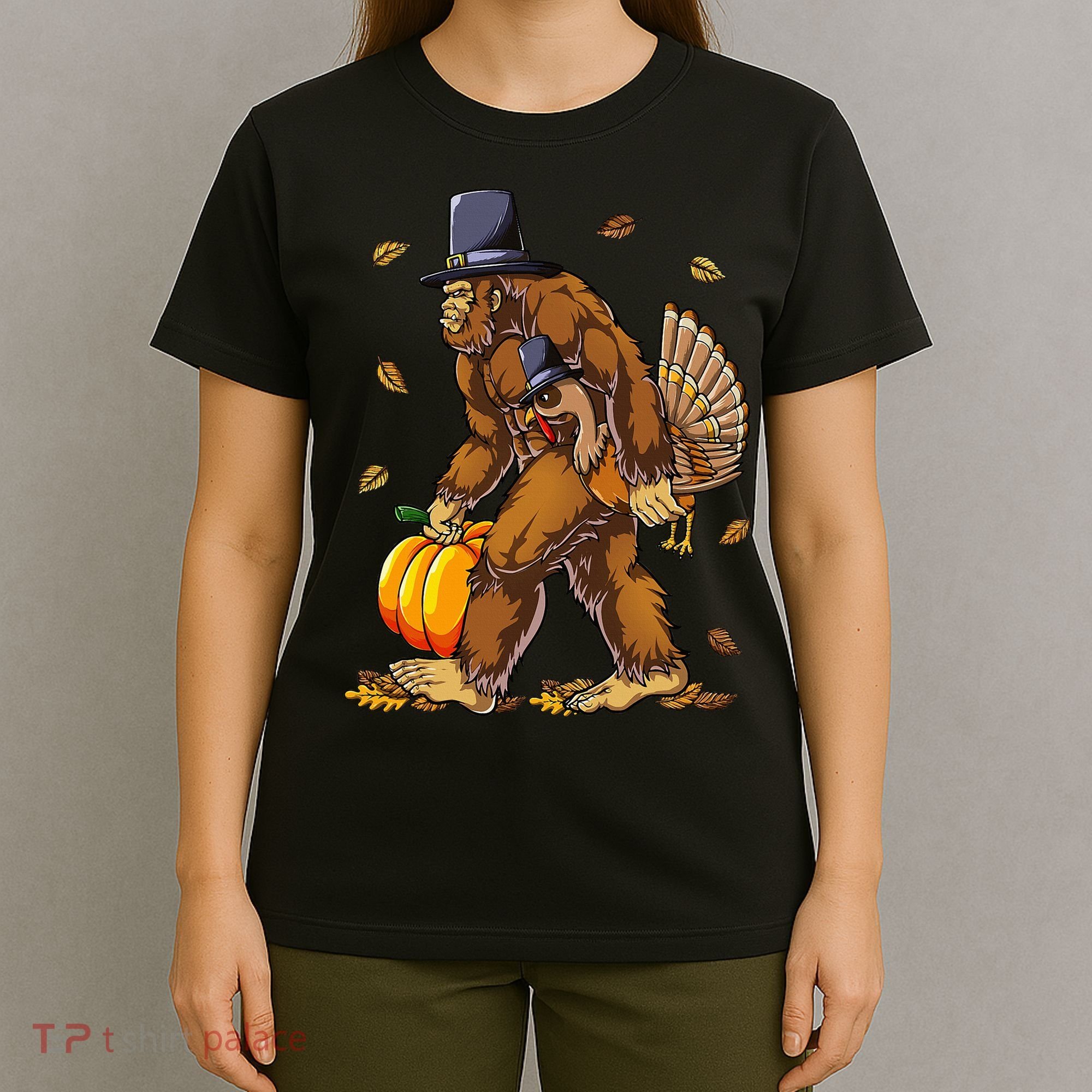 Bigfoot Pilgrim Turkey Pumpkin Thanksgiving Day T-Shirt