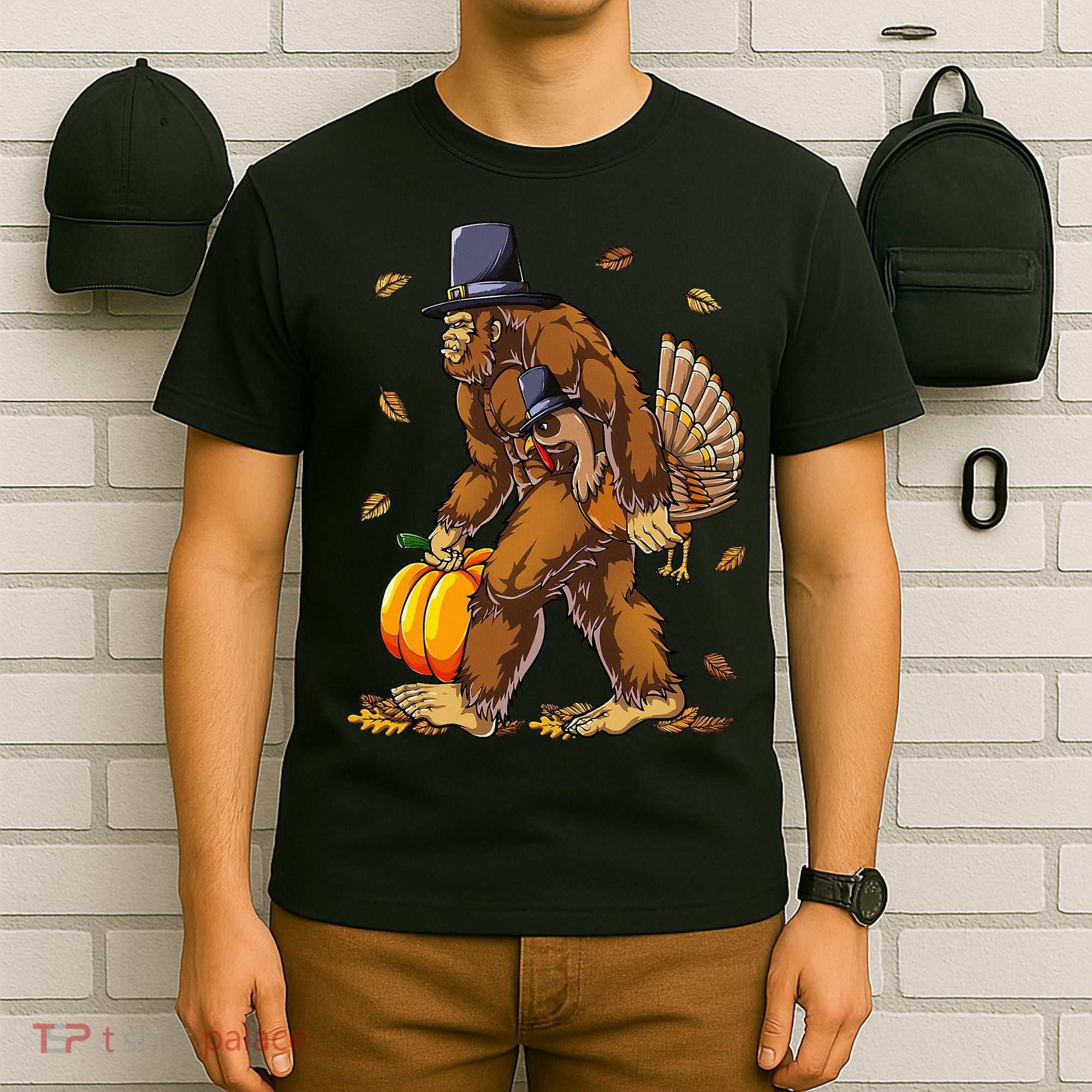 Bigfoot Pilgrim Turkey Pumpkin Thanksgiving Day T-Shirt
