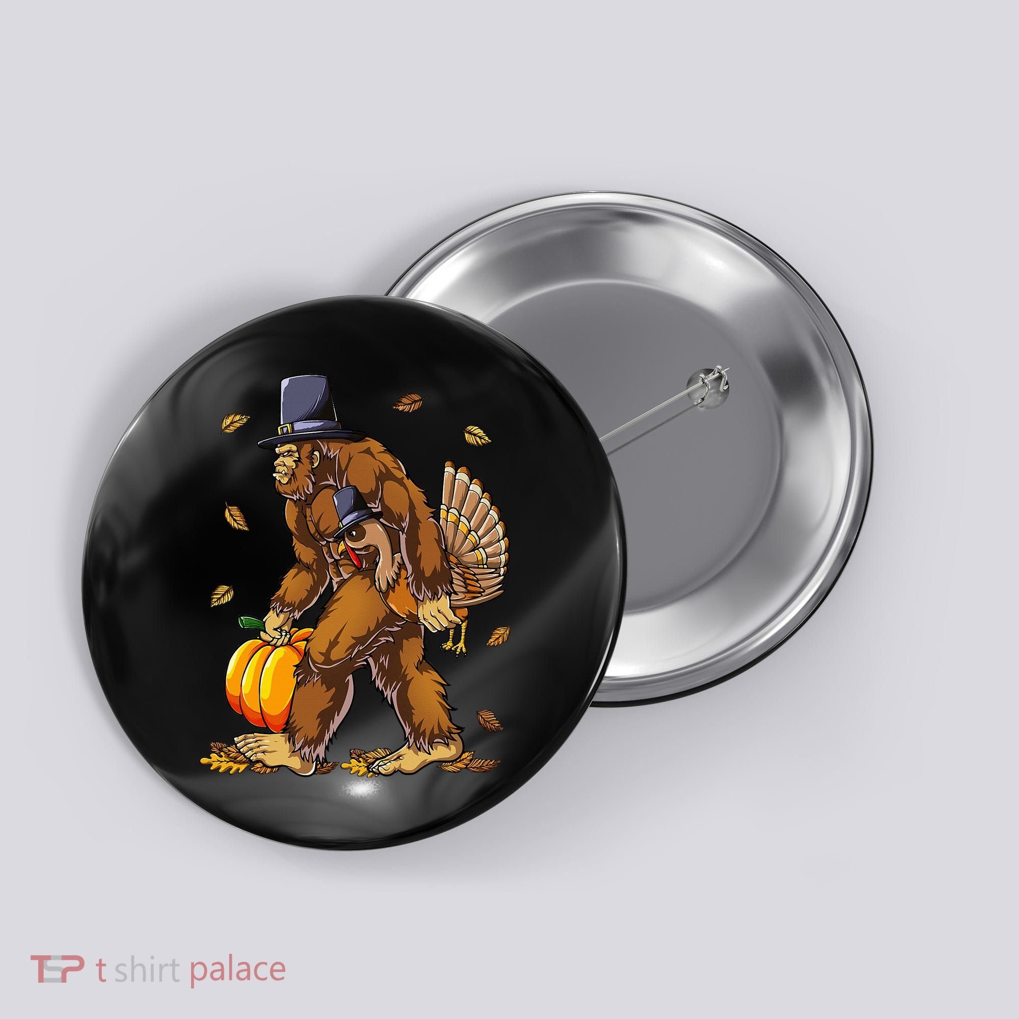 Bigfoot Pilgrim Turkey Pumpkin Thanksgiving Day Button