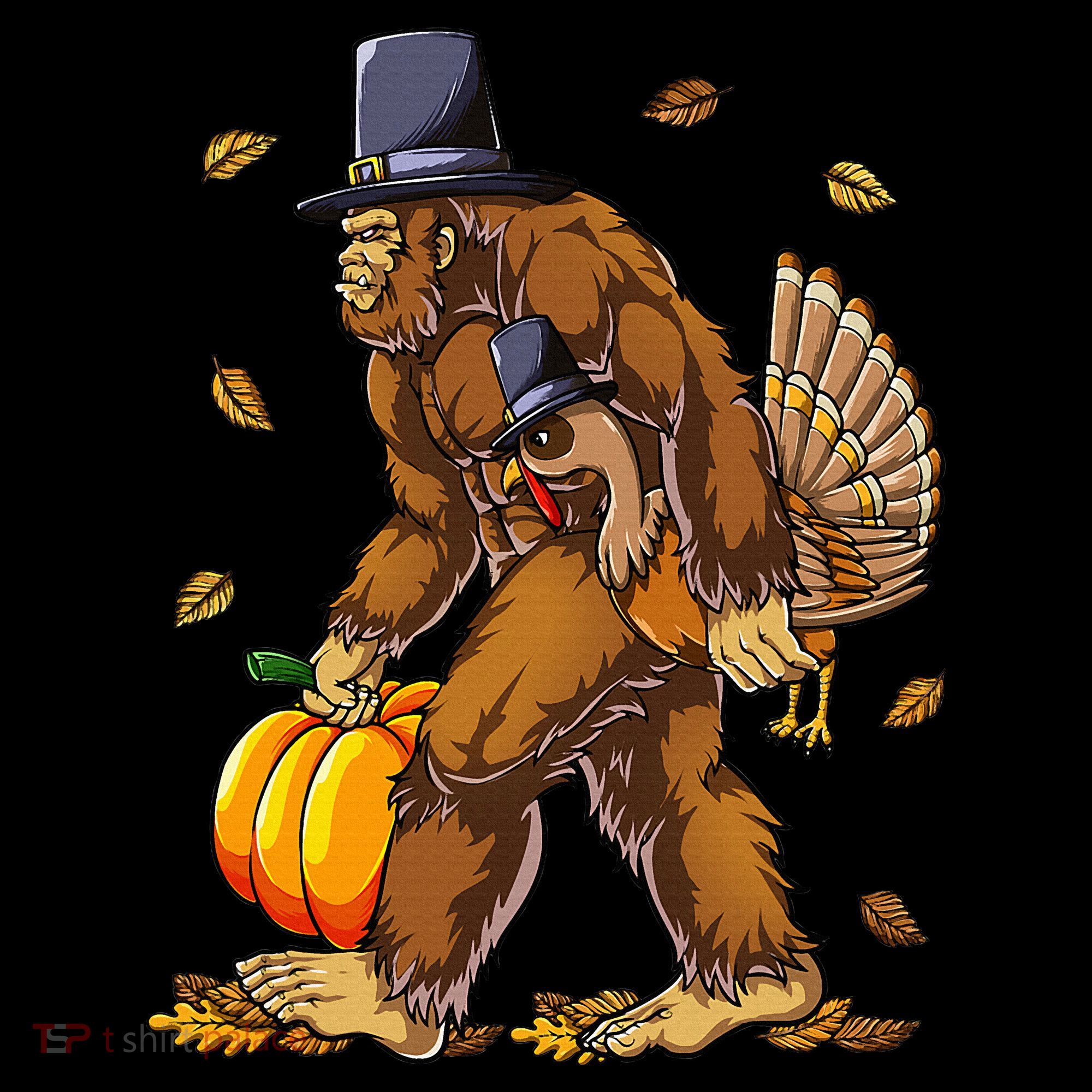 Bigfoot Pilgrim Turkey Pumpkin Thanksgiving Day Women's Hoodie