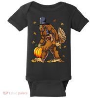 Bigfoot Pilgrim Turkey Pumpkin Thanksgiving Day Baby Bodysuit thumb 0