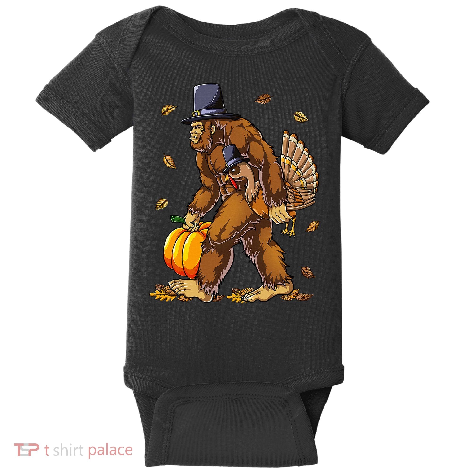 Bigfoot Pilgrim Turkey Pumpkin Thanksgiving Day Baby Bodysuit