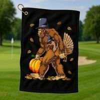 Bigfoot Pilgrim Turkey Pumpkin Thanksgiving Day Golf Towel thumb 1