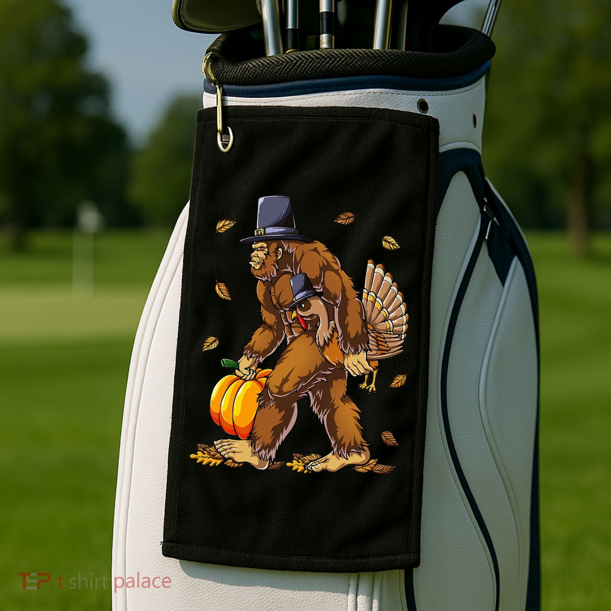 Bigfoot Pilgrim Turkey Pumpkin Thanksgiving Day Golf Towel