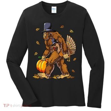 Bigfoot Pilgrim Turkey Pumpkin Thanksgiving Day Women's Long Sleeve Shirt
