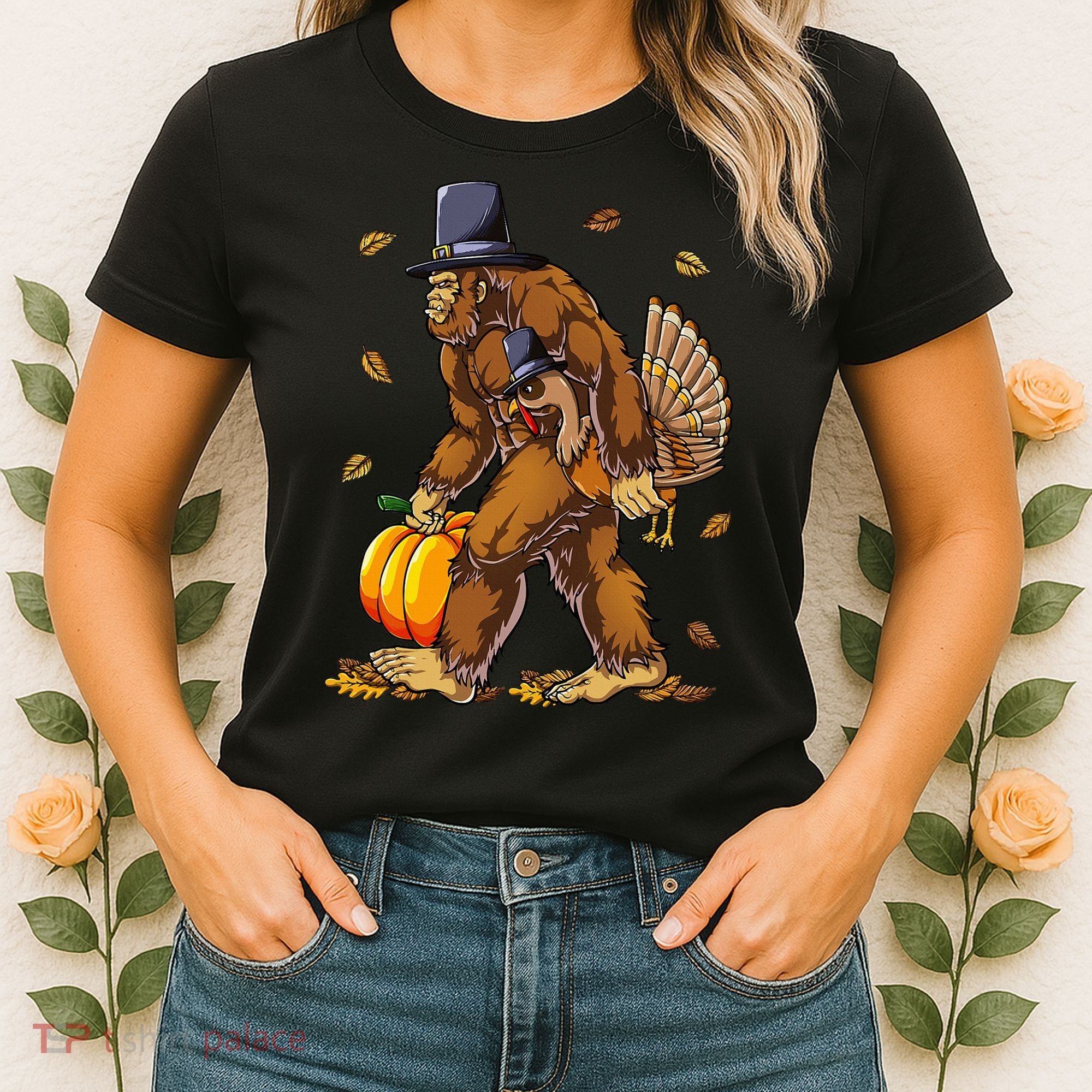 Bigfoot Pilgrim Turkey Pumpkin Thanksgiving Day Women's T-Shirt