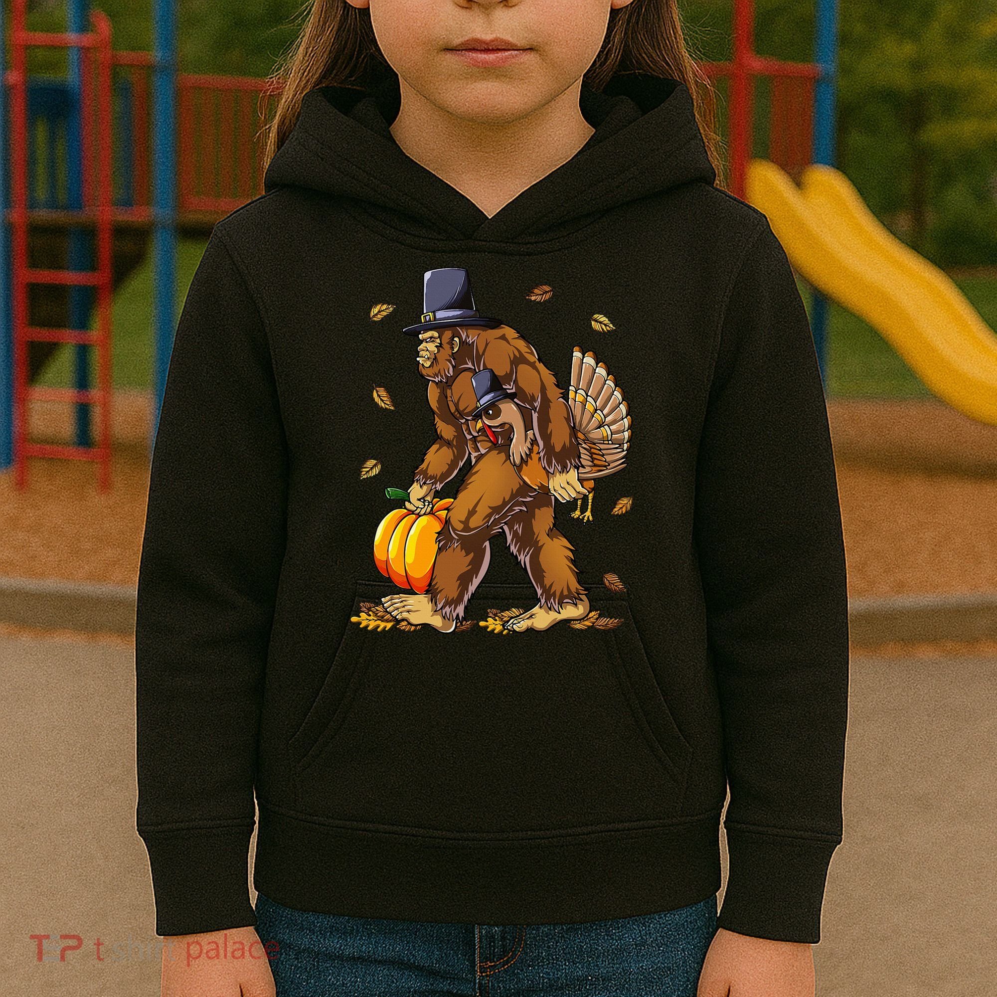 Bigfoot Pilgrim Turkey Pumpkin Thanksgiving Day Kids Hoodie