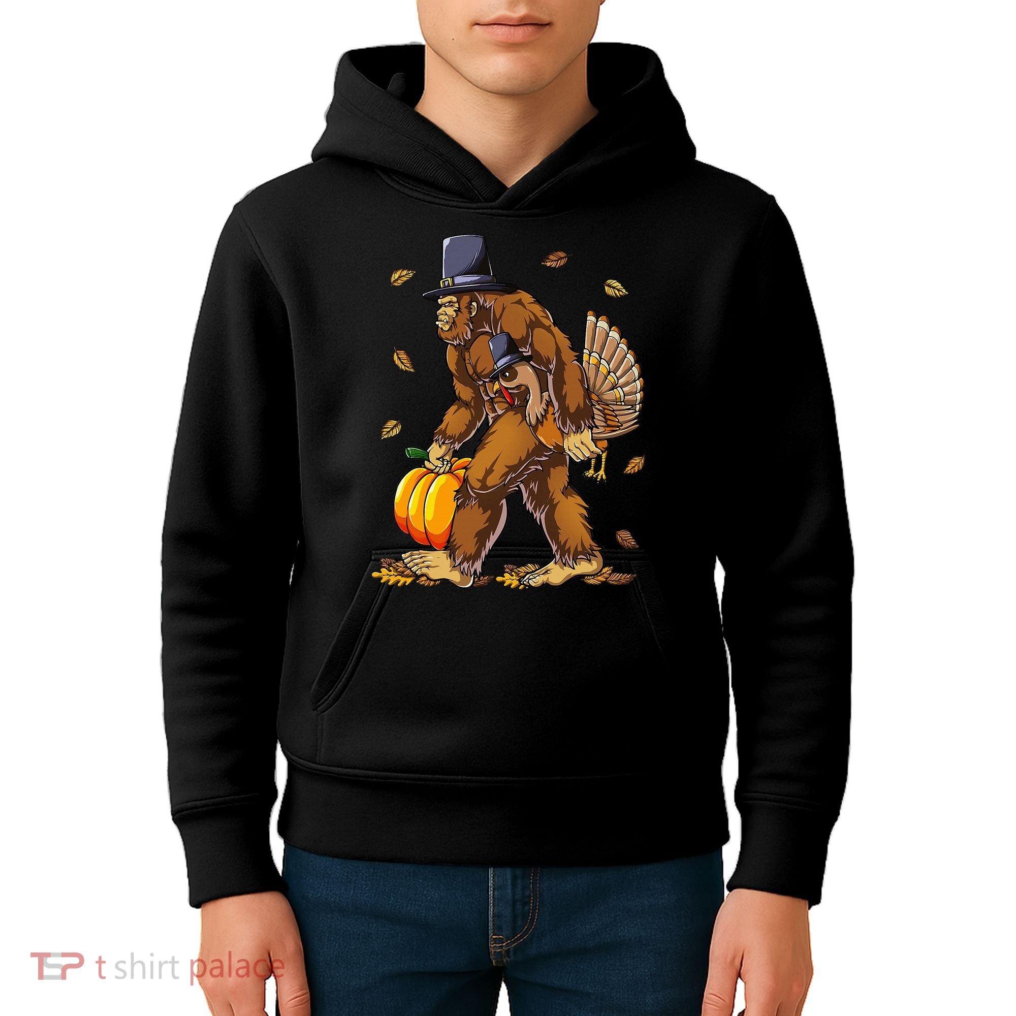 Bigfoot Pilgrim Turkey Pumpkin Thanksgiving Day Kids Hoodie