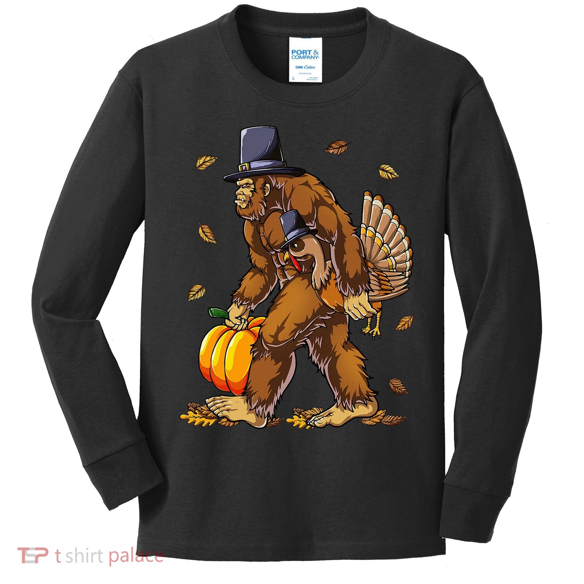 Bigfoot Pilgrim Turkey Pumpkin Thanksgiving Day Kids Long Sleeve Shirt