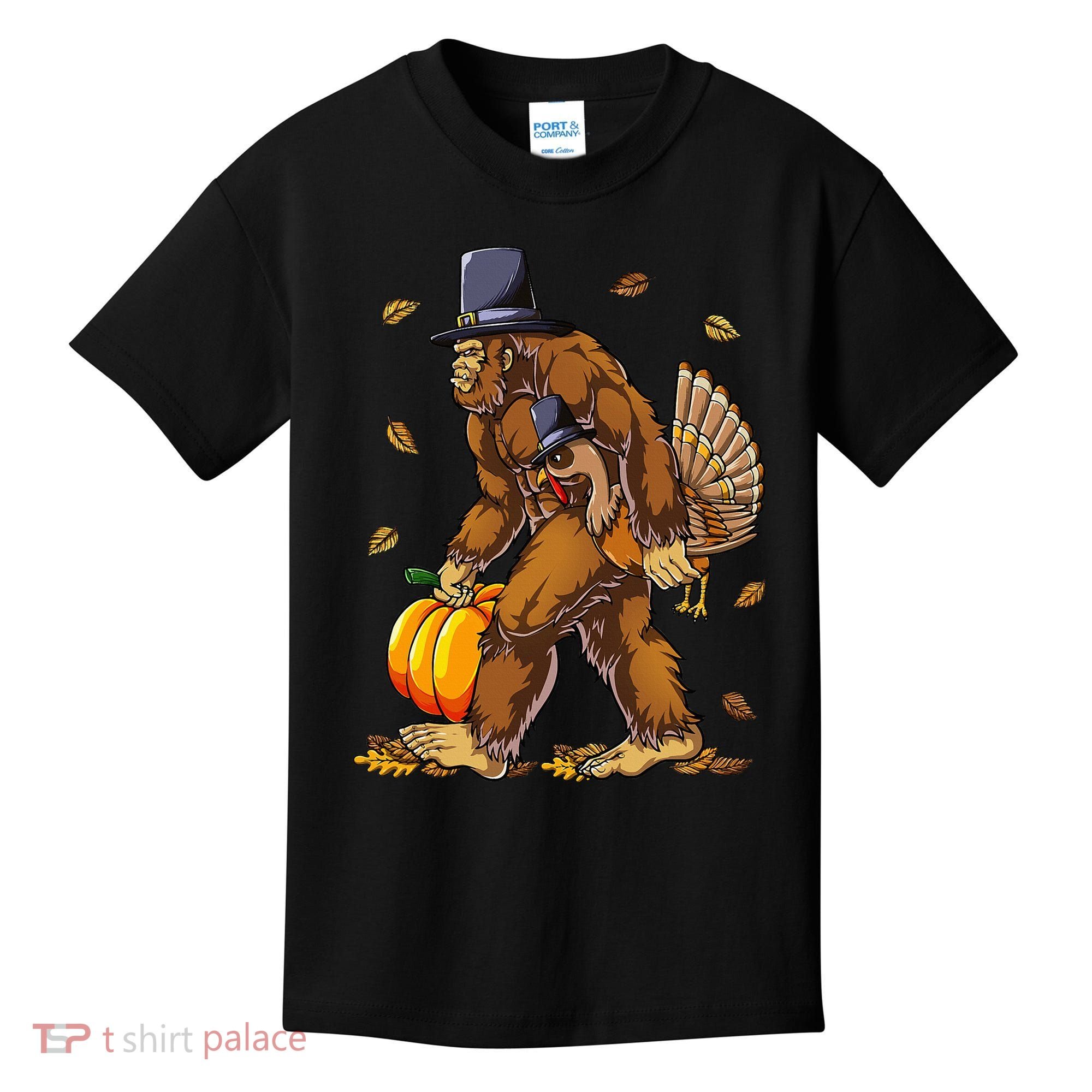Bigfoot Pilgrim Turkey Pumpkin Thanksgiving Day Kids T-Shirt