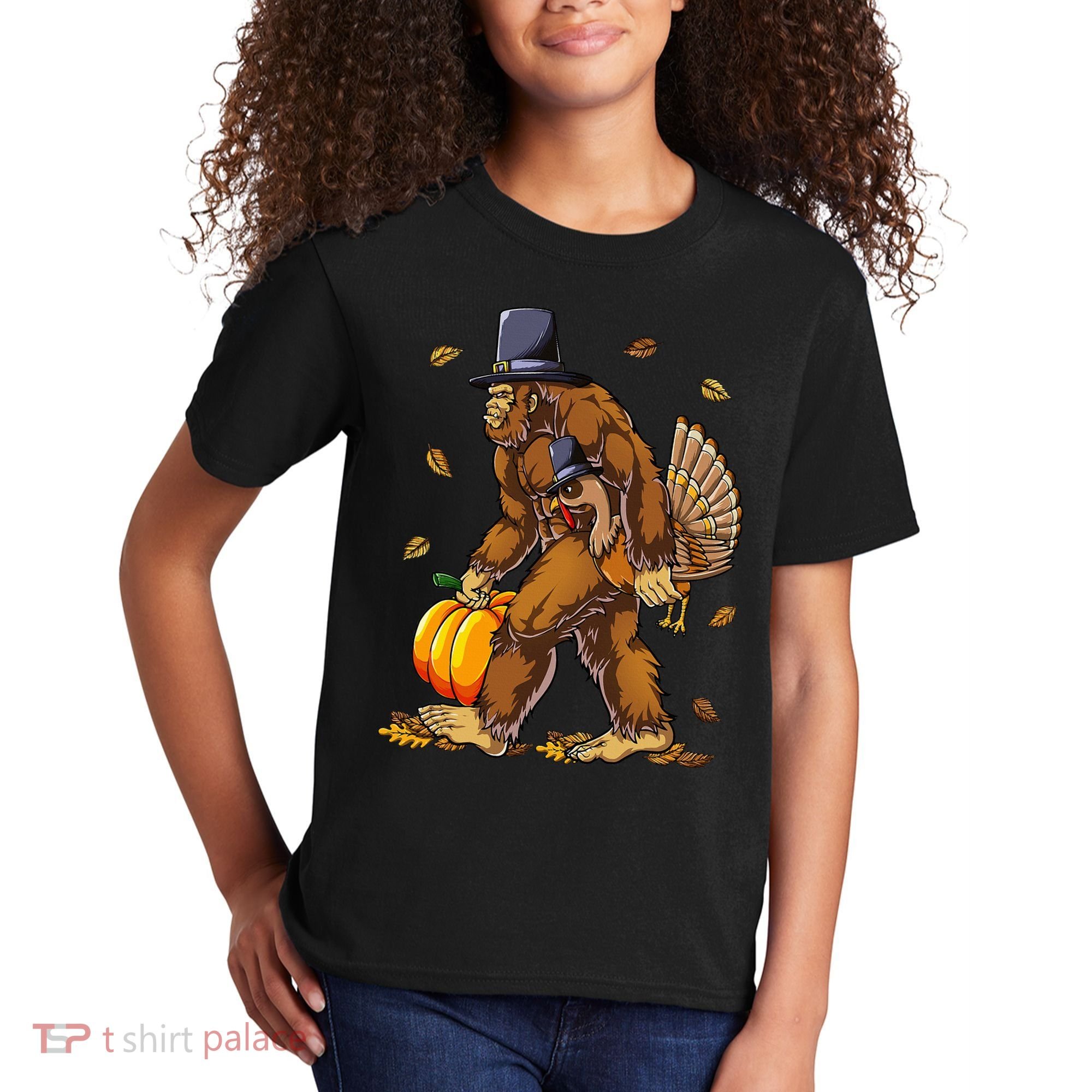 Bigfoot Pilgrim Turkey Pumpkin Thanksgiving Day Kids T-Shirt