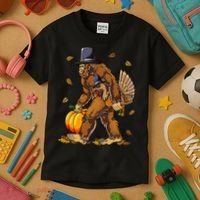 Bigfoot Pilgrim Turkey Pumpkin Thanksgiving Day Kids T-Shirt thumb 3