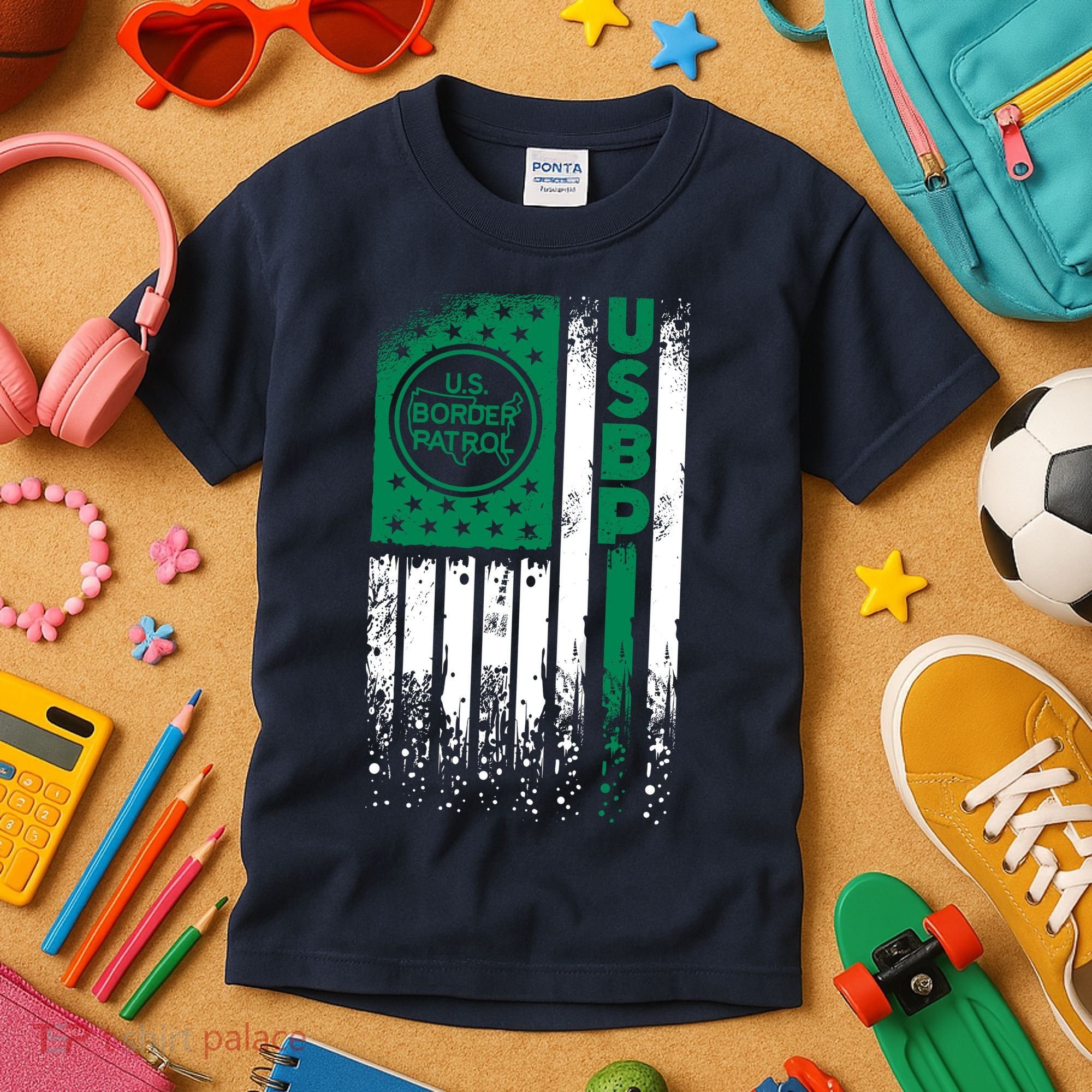 Border Patrol Us Flag Thin Green Line Law Enforcement Kids T-Shirt