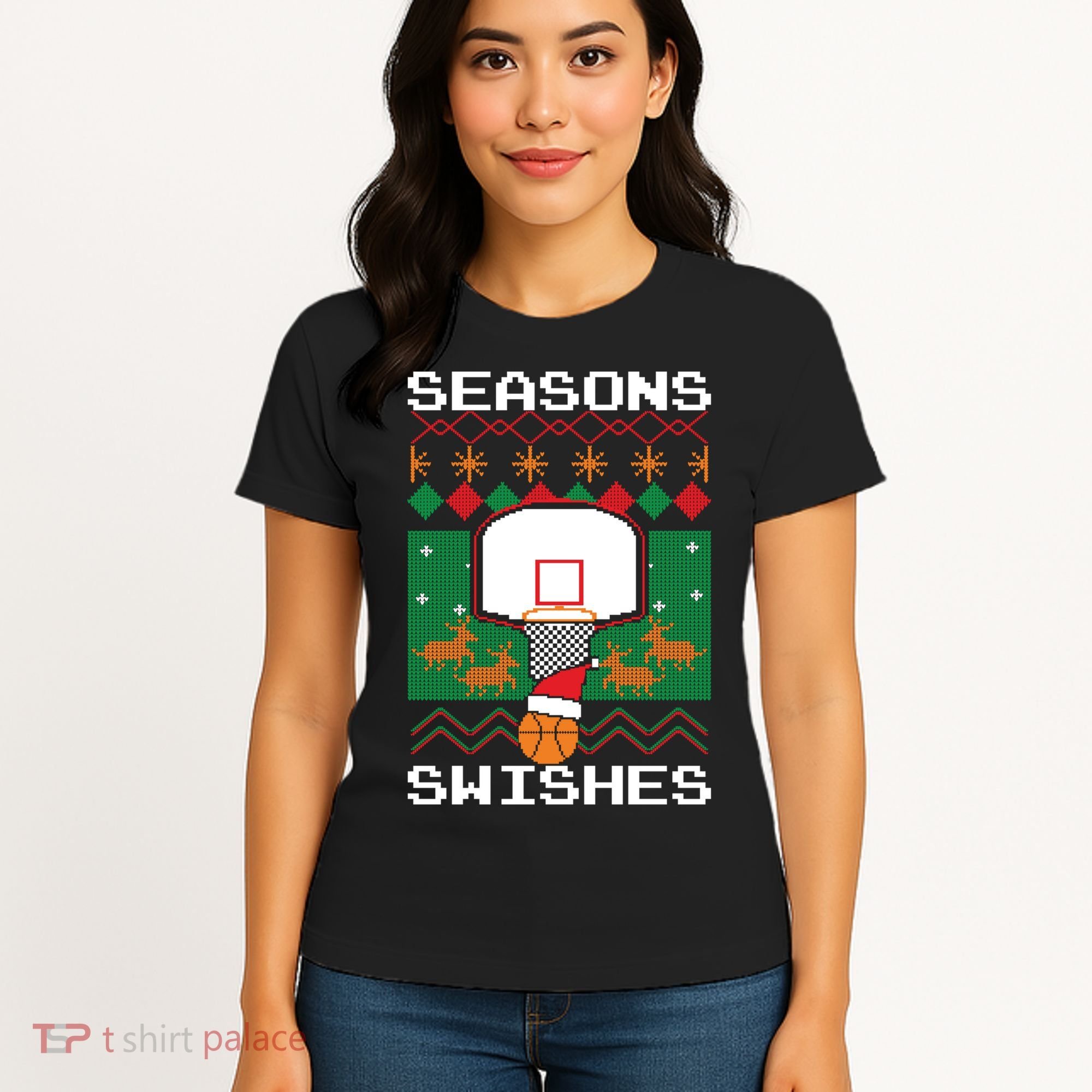 Basketball Player Ugly Christmas Sweater Seasons Swishes Women's T-Shirt