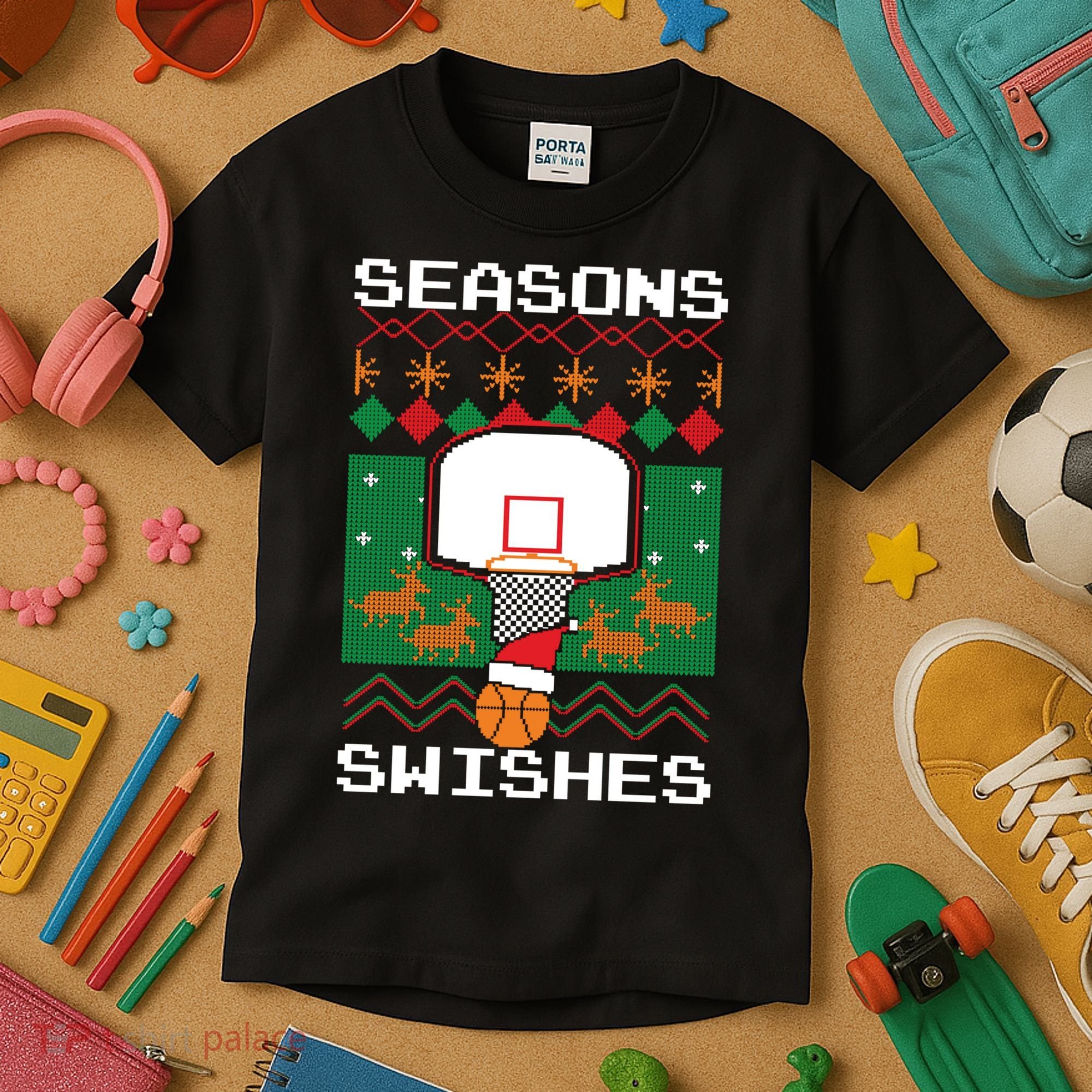 Basketball Player Ugly Christmas Sweater Seasons Swishes Kids T-Shirt