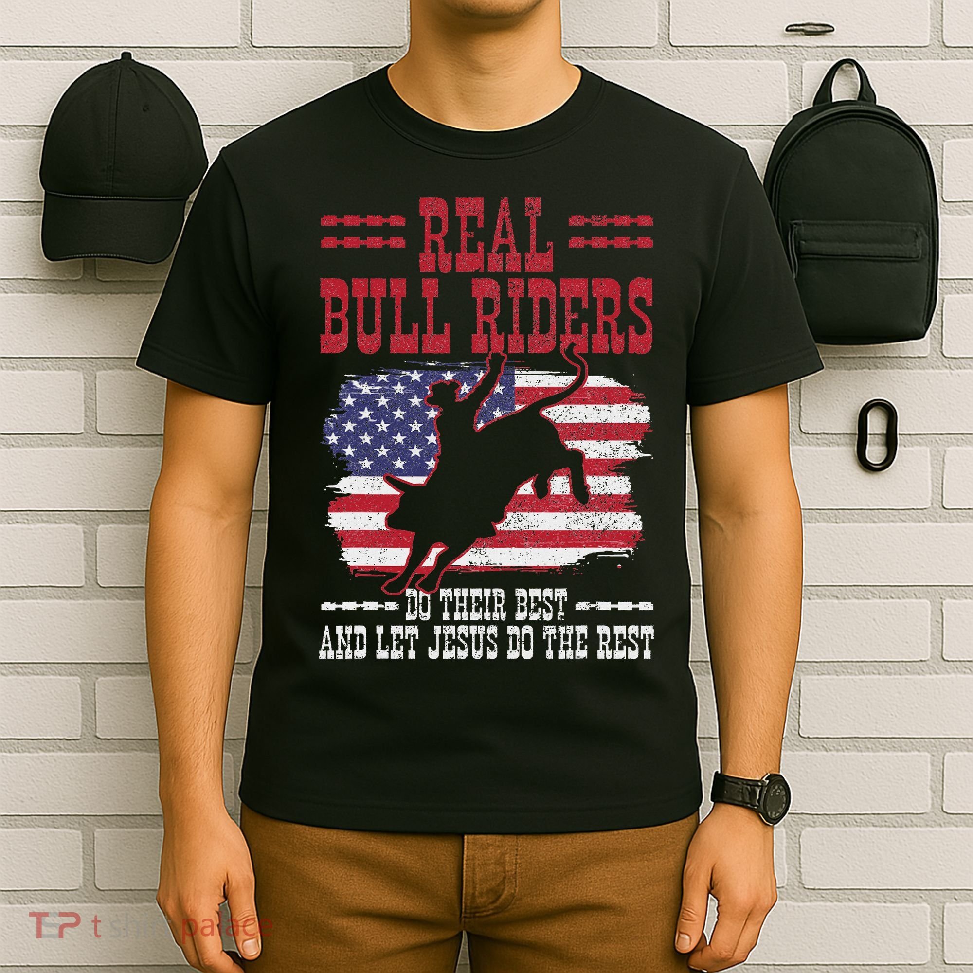 Bull Riding American Flag Rodeo Patriotic Christian Rider T-Shirt