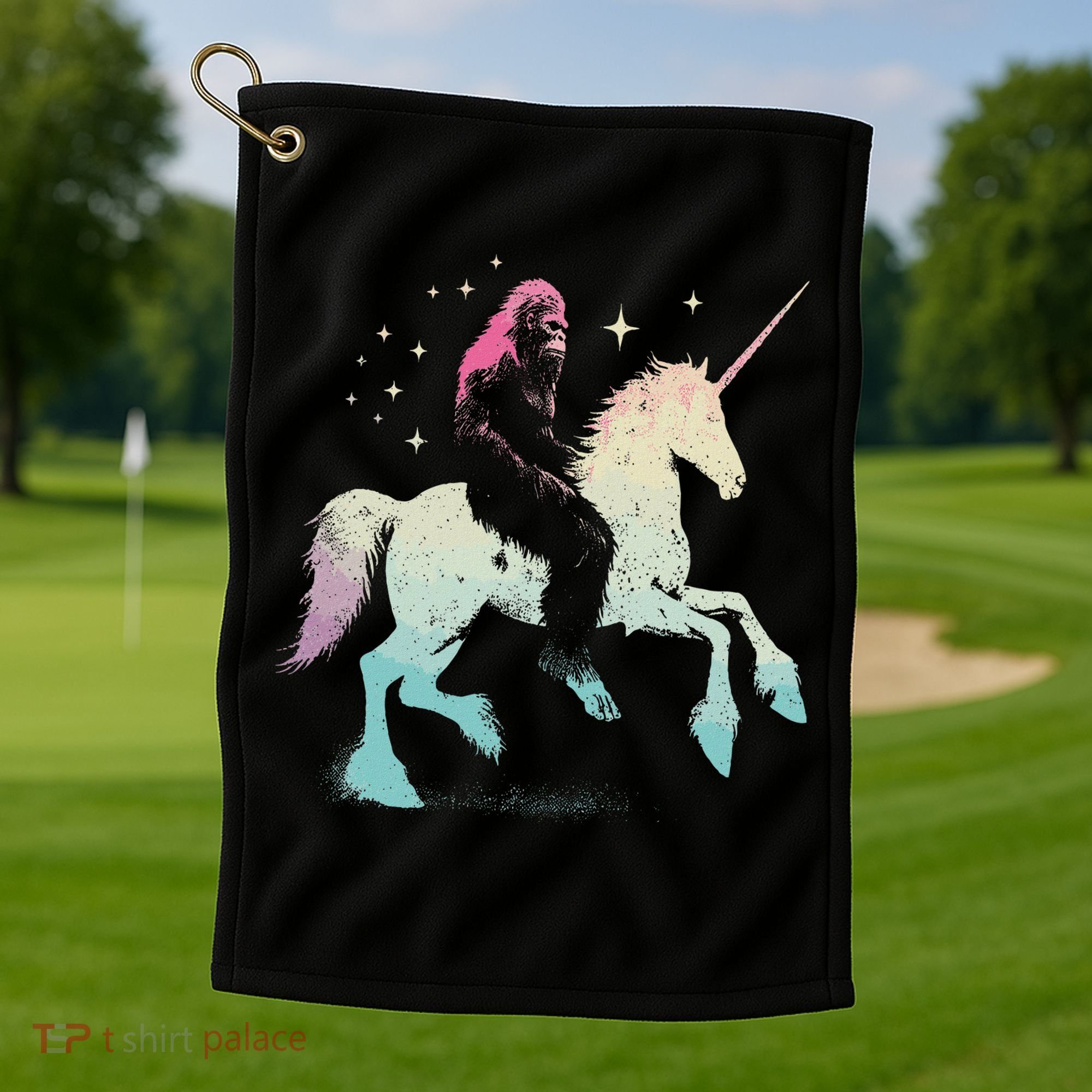 Bigfoot Riding A Unicorn Funny Sasquatch Lover Golf Towel