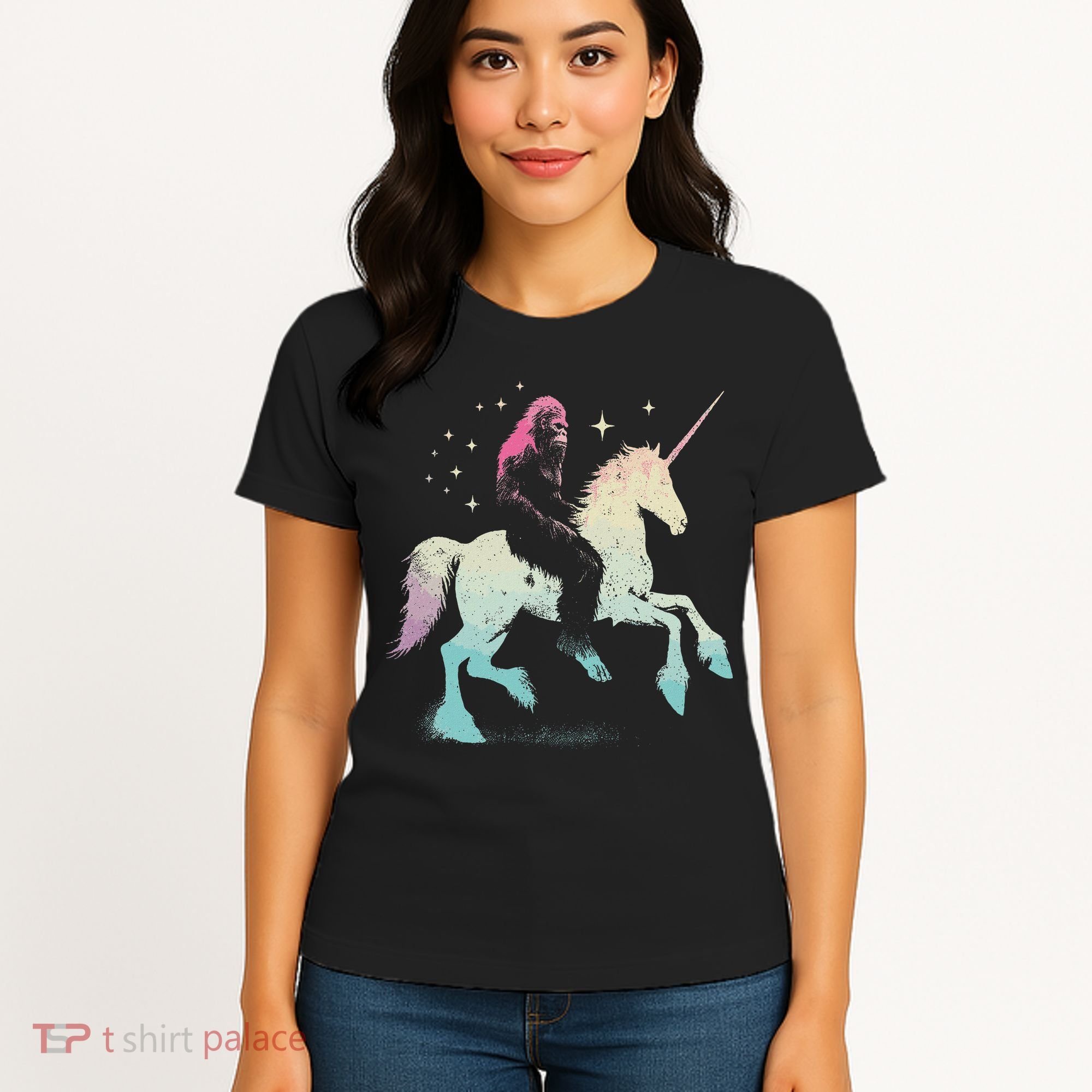 Bigfoot Riding A Unicorn Funny Sasquatch Lover Women's T-Shirt