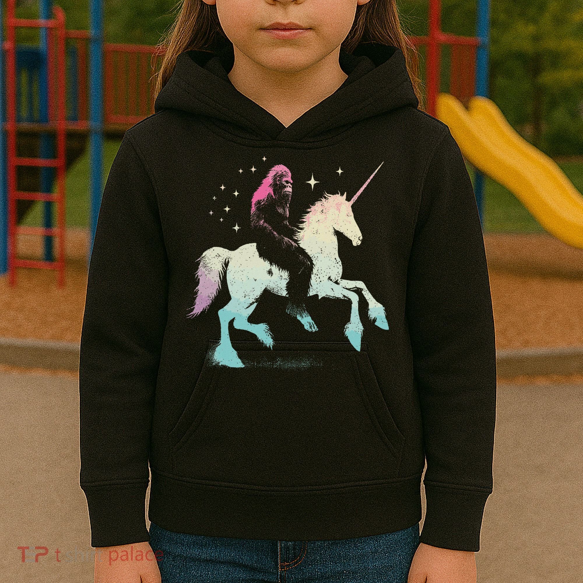 Bigfoot Riding A Unicorn Funny Sasquatch Lover Kids Hoodie