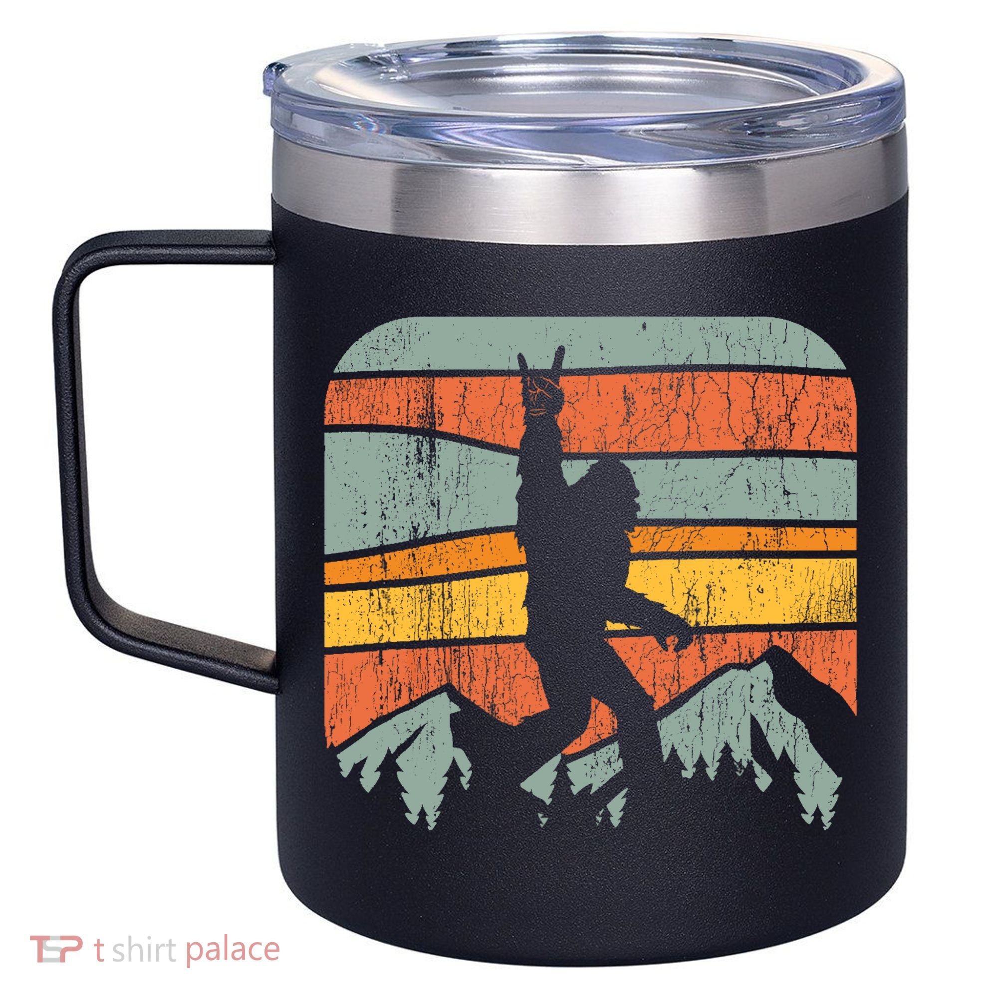 Bigfoot Rock and Roll Retro Mountain Sunset Sasquatch Gift 12oz Stainless Steel Coffee Mug