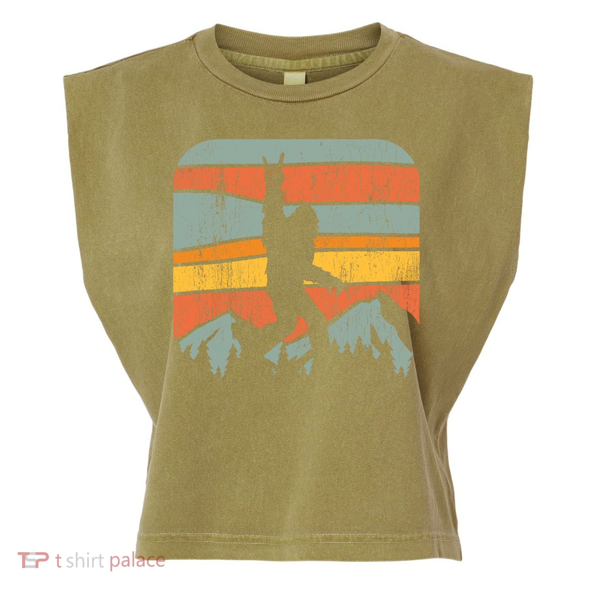 Bigfoot Rock and Roll Retro Mountain Sunset Sasquatch Gift Garment-Dyed Women's Muscle Tee