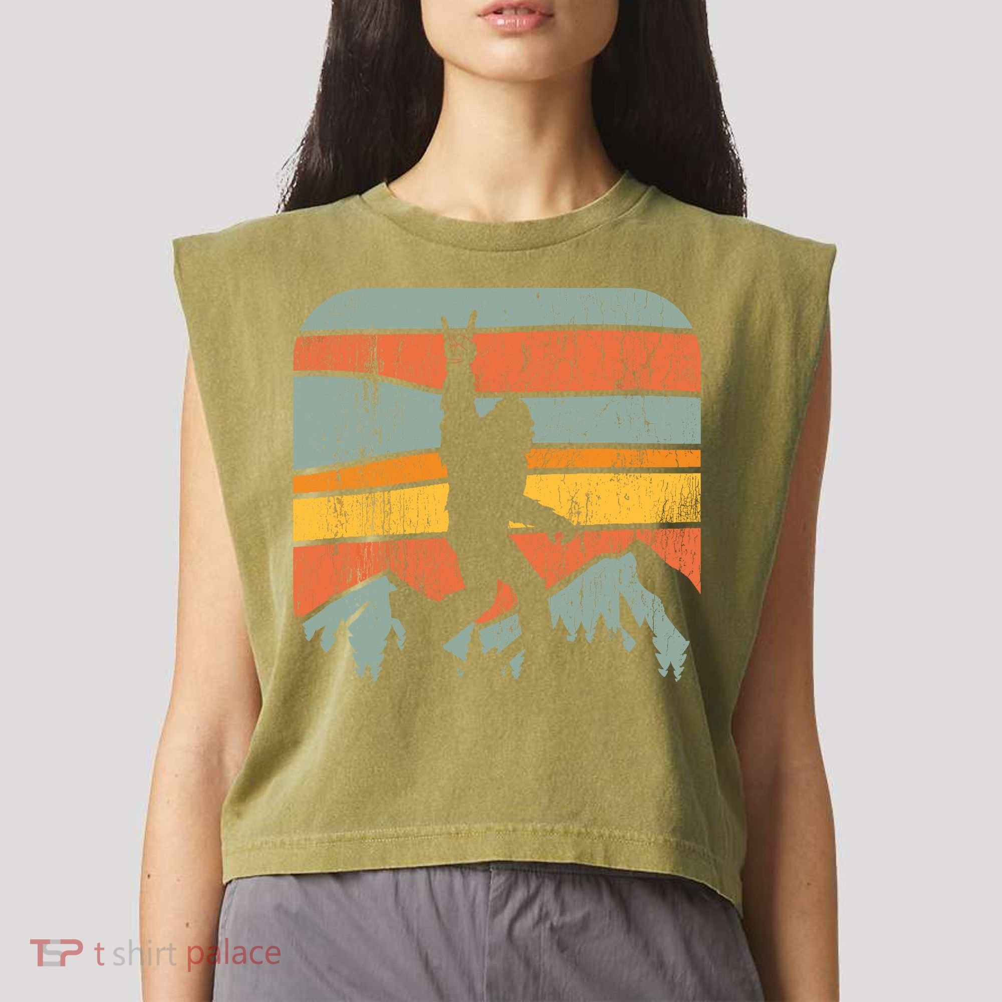 Bigfoot Rock and Roll Retro Mountain Sunset Sasquatch Gift Garment-Dyed Women's Muscle Tee