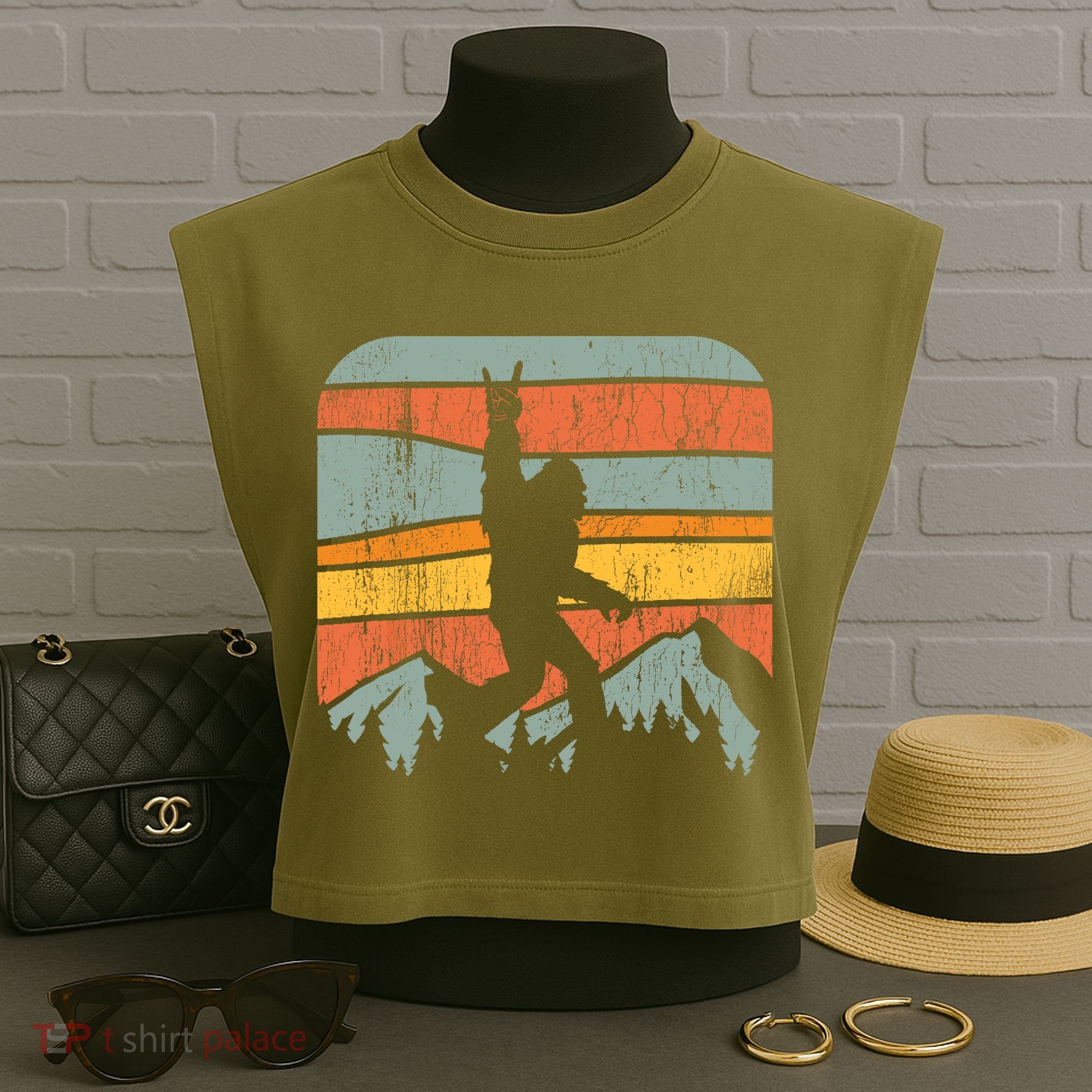 Bigfoot Rock and Roll Retro Mountain Sunset Sasquatch Gift Garment-Dyed Women's Muscle Tee