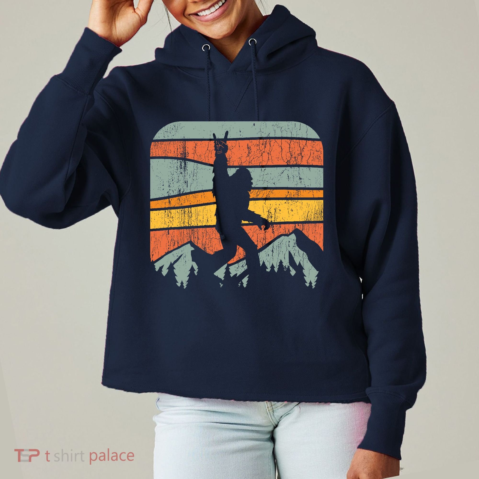 Bigfoot Rock and Roll Retro Mountain Sunset Sasquatch Gift Ladies Heavyweight Boxy Pullover Hoodie