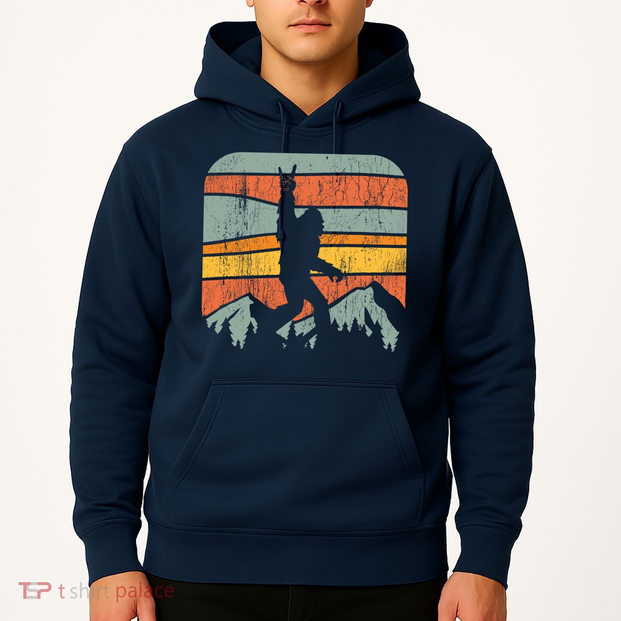 Bigfoot Rock and Roll Retro Mountain Sunset Sasquatch Gift Hoodie
